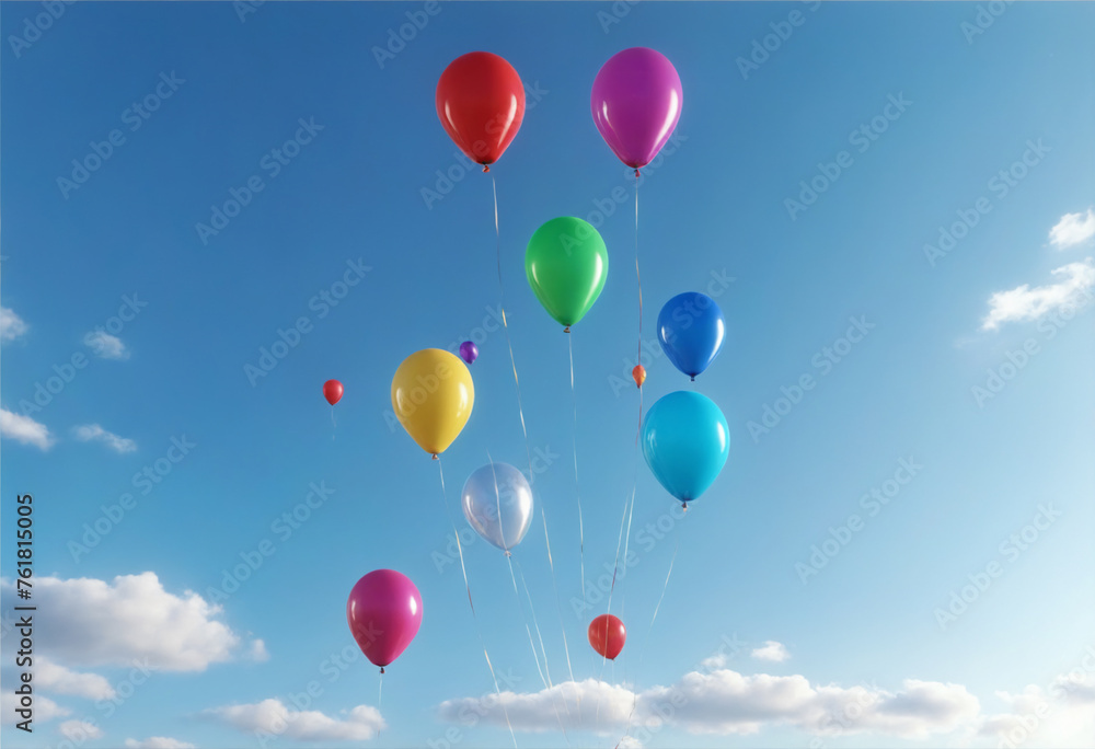 3D illustration of balloons soaring in a clear sky