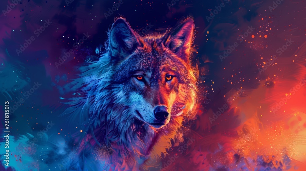 Illustration of a wolf in the background of a colorful fire. Illustration of a wolf in the background of a colorful fire.
