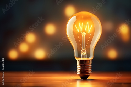 Light bulb on a wooden table with bokeh background. 3D rendering