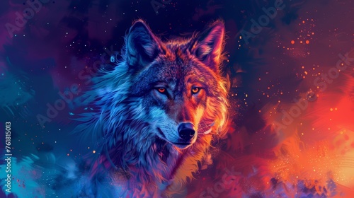 Illustration of a wolf in the background of a colorful fire. © HA