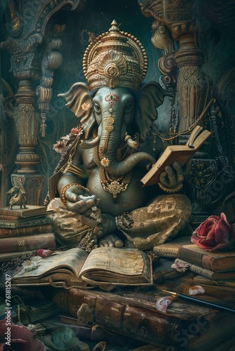 Ganeshs Wisdom Circle - A whimsical depiction of Ganesh surrounded by ancient scrolls and books with a pen in hand © Sataporn