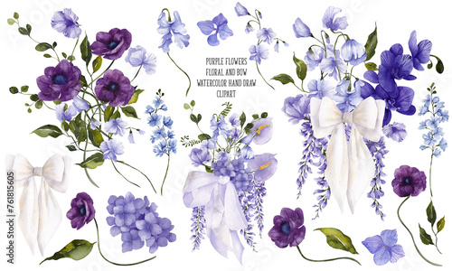 Watercolor hand draw purple clipart, violet flowers, wisteria, orchid, rose and bow, isolated on transparent background, PNG files