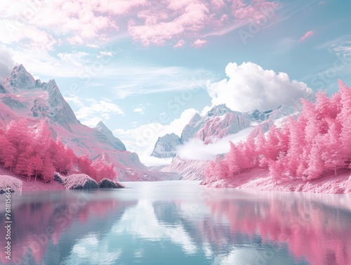 Pink mountains and forests above the water, lake and under the sky with thick clouds. pink and light blue compasition photo