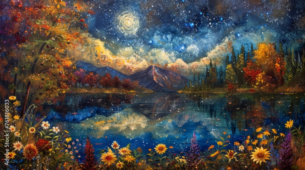 Dreamy oil painting of a starry night over an autumn landscape, with the cosmos reflecting off a lake surrounded by trees and flowers. Dreamy oil painting of a starry night over an autumn landscape, with the cosmos reflecting off a lake surrounded by trees and flowers.