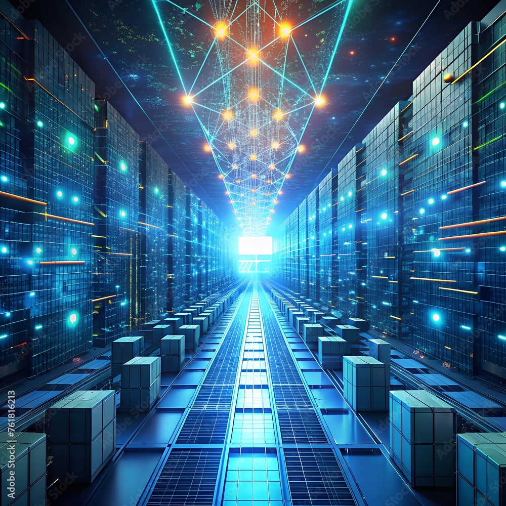 virtual reality simulation of a futuristic data center, with streams of binary code and glowing nodes interlinking in a vast digital network virtual reality simulation of a futuristic data center, with streams of binary code and glowing nodes interlinking in a vast digital network