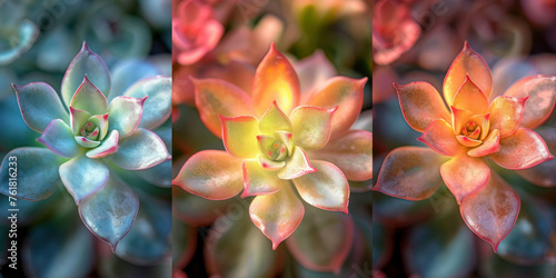 Four vibrant images of unique succulents showcasing a variety of colors, shapes, and intricate details