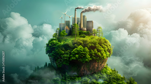 An artificial floating island in the sky hosts a factory amid the natural landscape of clouds, grasslands, and trees. A unique blend of technology and nature