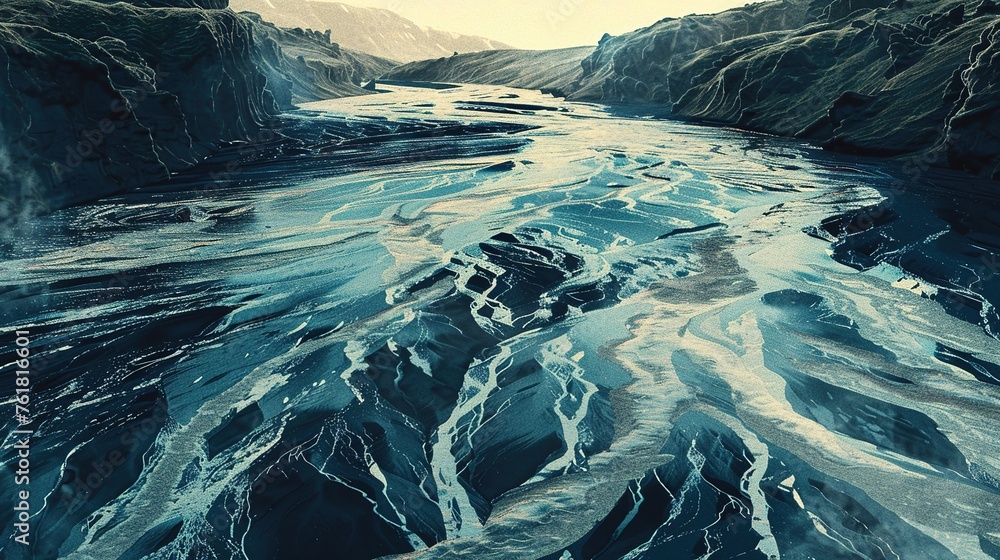 a large river in icelandic lava country, in the style of light silver and dark navy,atmospheric perspective,rough clusters, rim light - obrazy, fototapety, plakaty 