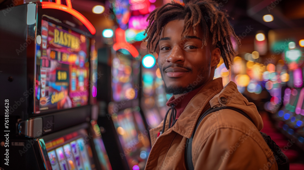 African-American male in a casino, playing slot machines. African-American male in a casino, playing slot machines.