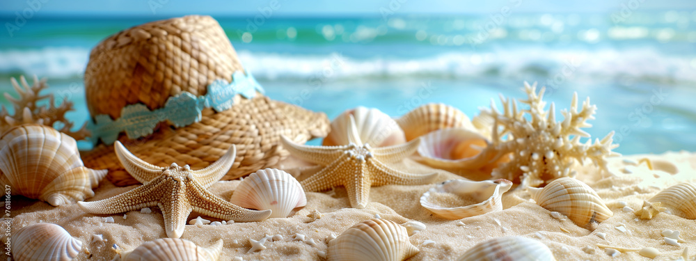 Beach Scene with Starfish, Seashells and Hat Beach Scene with Starfish, Seashells and Hat
