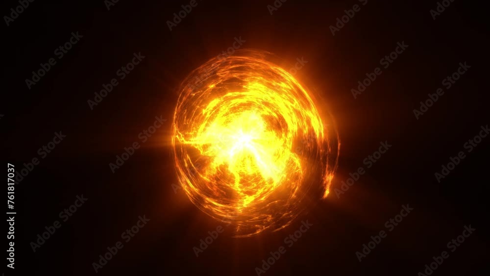 4K Fireball with rays in the dark. Abstract bright sphere. Looping animation