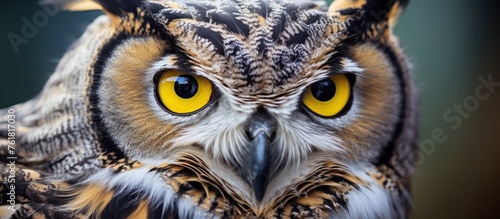 A closeup of an Eastern Screech owl, with yellow eyes and sharp beak, staring directly at the camera. The owls feathered head and intense gaze captivate the viewer