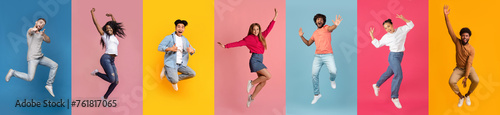 Multiethnic young people wearing casual clothes having fun on colorful studio backgrounds © Prostock-studio