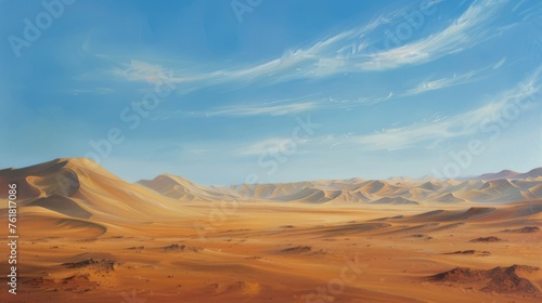 Expansive desert landscape with towering sand dunes under a scorching sun, painted in oil.