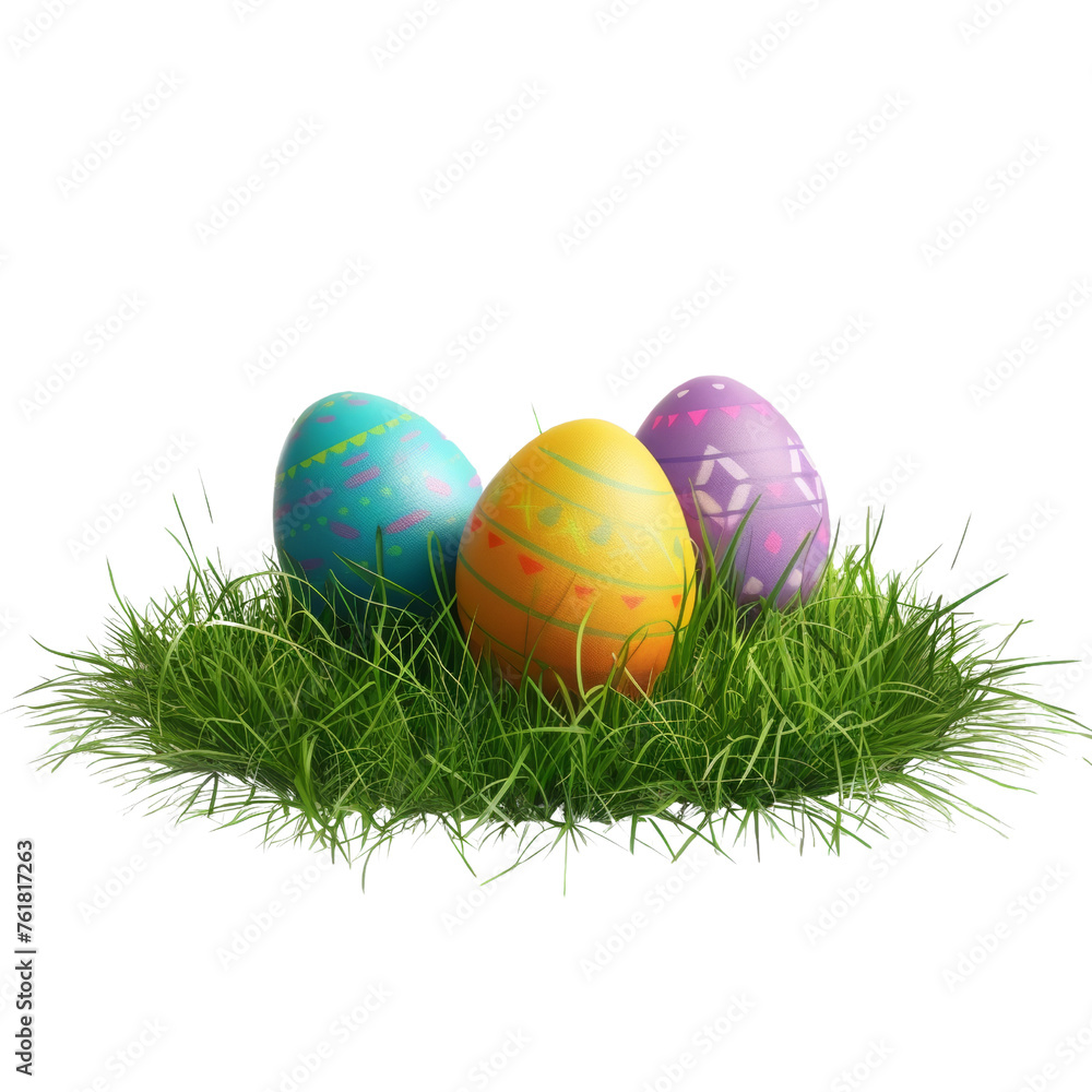 3d Realistic Easter Day, three colored eggs on green grass