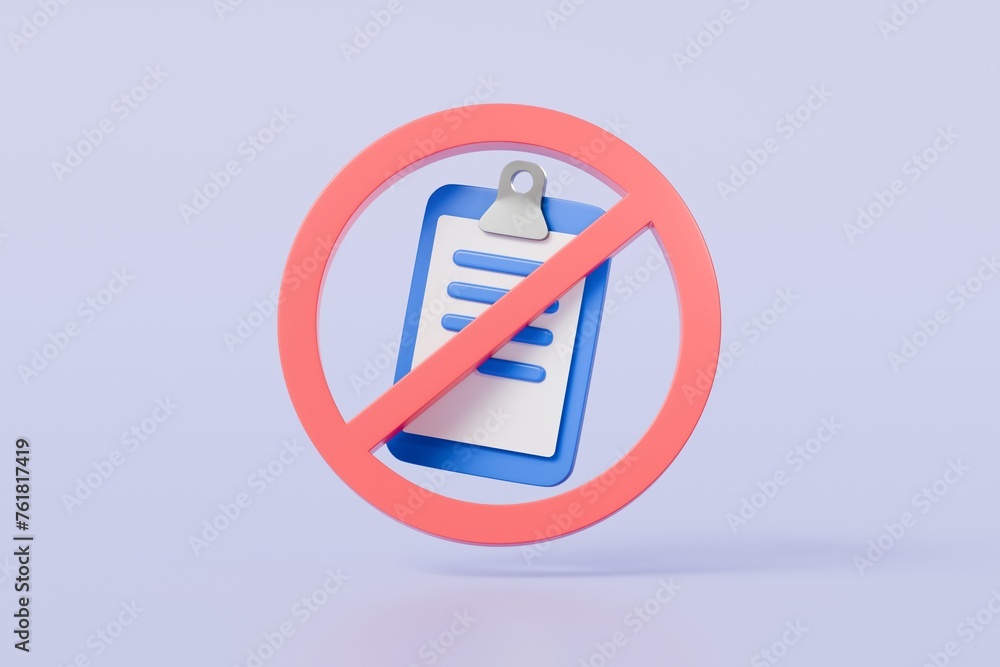 3D Blue Clipboard with paper notes with forbidden reject. Wrong Choice. Cancel, Error, Stop, Disapprove icon symbol. Denied checklist Concept. Minimal cartoon creative style. 3d rendering illustration 3D Blue Clipboard with paper notes with forbidden reject. Wrong Choice. Cancel, Error, Stop, Disapprove icon symbol. Denied checklist Concept. Minimal cartoon creative style. 3d rendering illustration