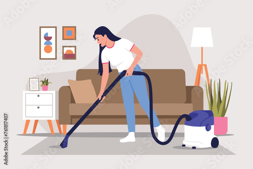 Vector illustration of a girl cleaning the room. Cartoon scene of a girl vacuuming the floor in a room with a modern interior: a sofa, posters on the wall, a bedside table, flower pots, a floor lamp.