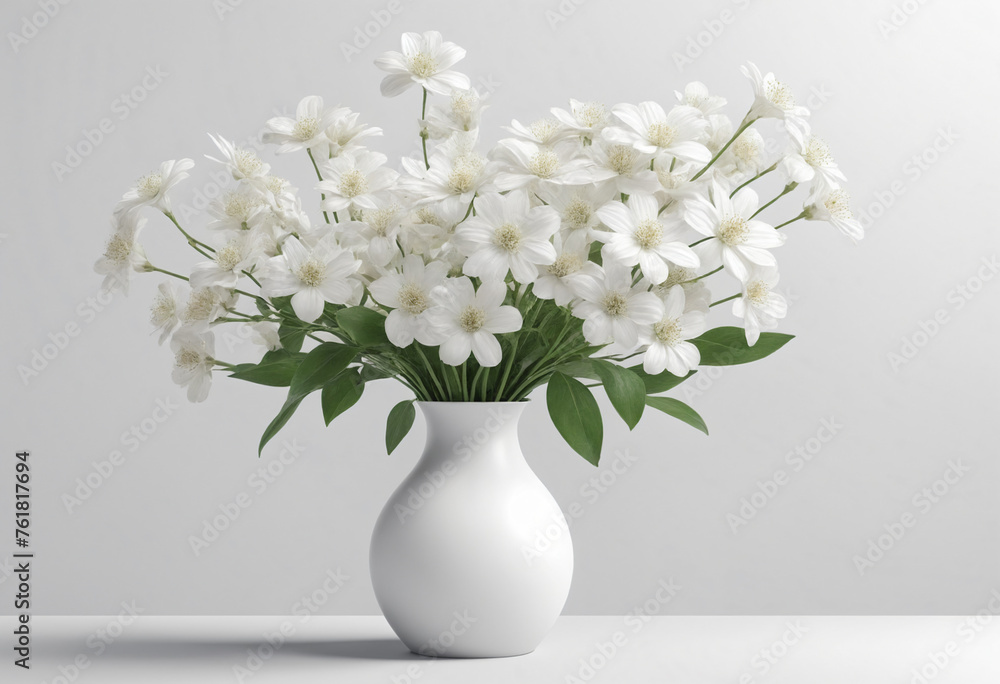 Vase with beautiful white flowers on white background