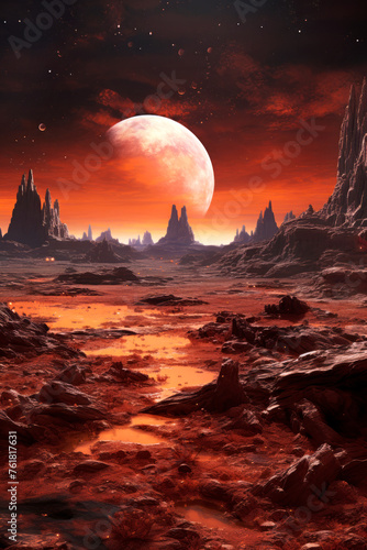 Fantastic landscape of an alien planet with rocks, ponds and other planets. Can be used for computer games, posters © Anastasiya