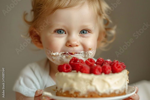 little child with cake  Toddler with whipped cream on face eating raspberry cake. Close-up portrait with neutral background. Happiness and childhood indulgence concept. Design for greeting card