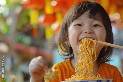 child eating noodles  Happy child eating noodles with chopsticks. Candid portrait with natural light. Asian food and culture concept. Design for poster  banner  menu. Close-up with copy space