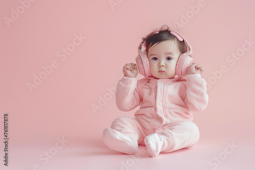 Baby in pink onesie with headphones. Studio portrait with a pink background. Modern childhood and music concept. Design for poster, banner, advertisement. Portrait with place for text.