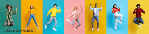 Group Of Happy Multiethnic People Celebrating Success And Jumping On Colorful Backgrounds © Prostock-studio