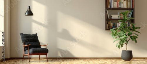 Dark armchair with cushion, bookcase, and indoor plants beside light-colored wall