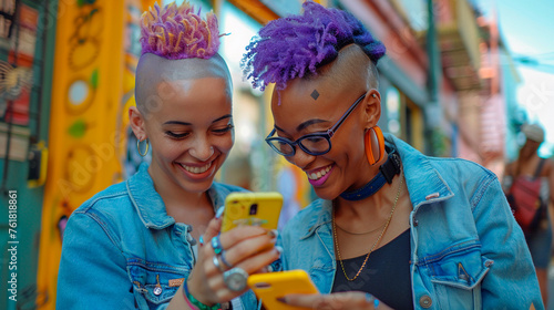 African friends on the street with a cool, modern, urban style, violet hair, enjoy a digital lifestyle, sharing moments with a smartphone, staying connected to internet and social media