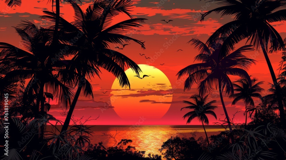 Sunset silhouette with mango slices replacing the sun, creating a serene and beautiful tropical evening scene.