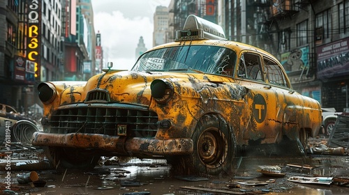 A classic cab transformed into a turbo taxi, outfitted with non-lethal crowd control weapons, patrolling a post-apocalyptic city to safely ferry survivors, depicted in Post-Apocalyptic Art © earthstudiotomo