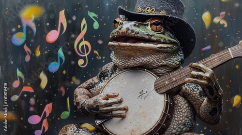 A frog wearing a top hat, plucking the strings of a banjo with a joyful expression, as colorful music notes dance around, creating a scene of pure happiness, depicted in Charcoal Drawing