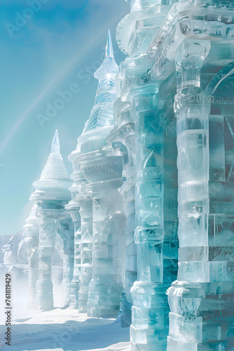 Ethereal Resonance of a Majestic Ice Palace amidst Placid Icy Tundra - A Testament to Tranquil Opulence