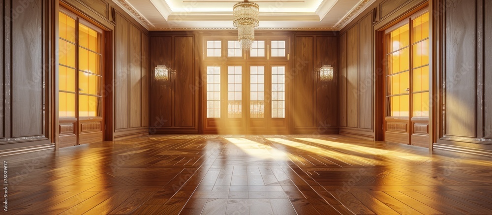 The warm amber light from the sun shines through the windows of a hallway in a brown building, illuminating the hardwood flooring and wood fixtures