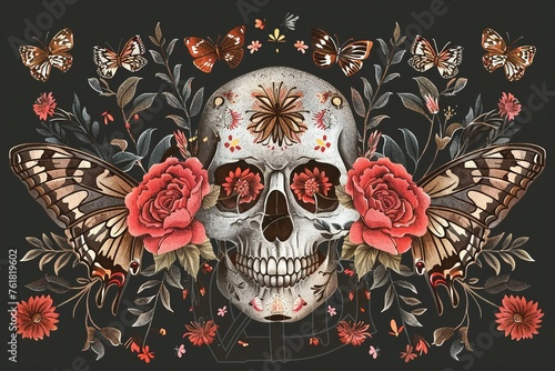 Skull with flowers and butterflies. Illustration on black background