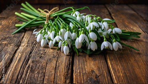 Bouquet of snowdrops on wooden background. Snowdrop Background Images Natural colors bright background. Generative AI