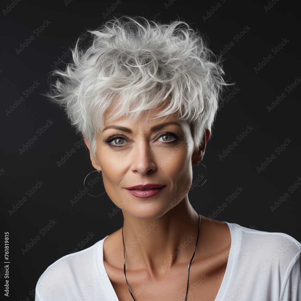 Picture capturing the beauty of a mature young Caucasian woman, posing for the camera in a studio setting against a gray background, with her hairstyle styled into an Afro