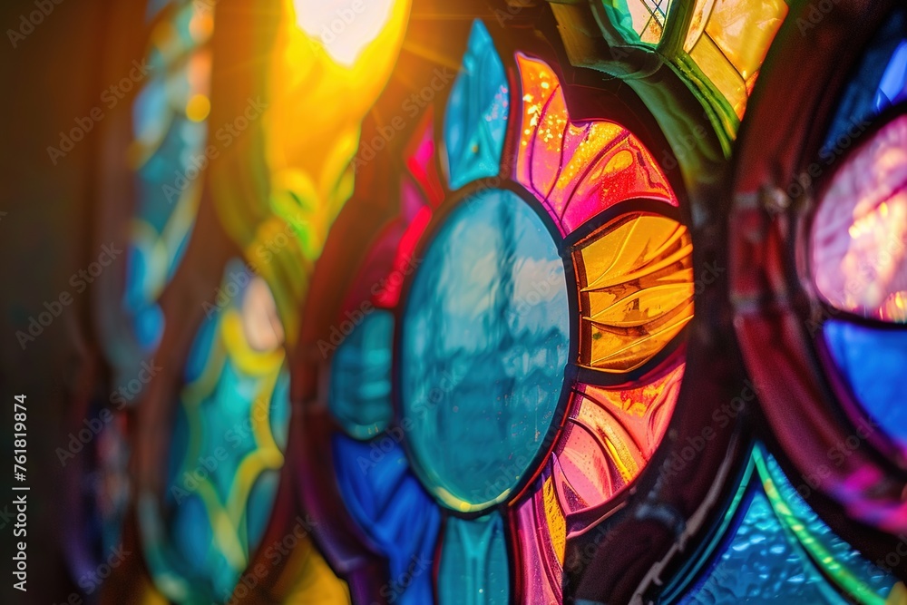 A colorful stained glass window bathed in sunlight, depicting a religious scene, adorns a European church