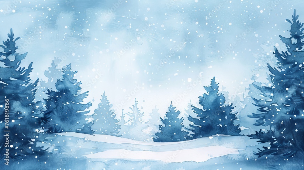 Watercolor illustration of a peaceful blue winter night with snow-covered trees.