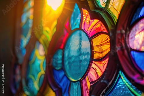 A colorful stained glass window bathed in sunlight  depicting a religious scene  adorns a European church