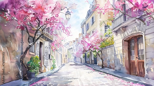 Watercolor illustration of a Parisian street in spring, adorned with blooming flowers and the essence of romance and history. © furyon