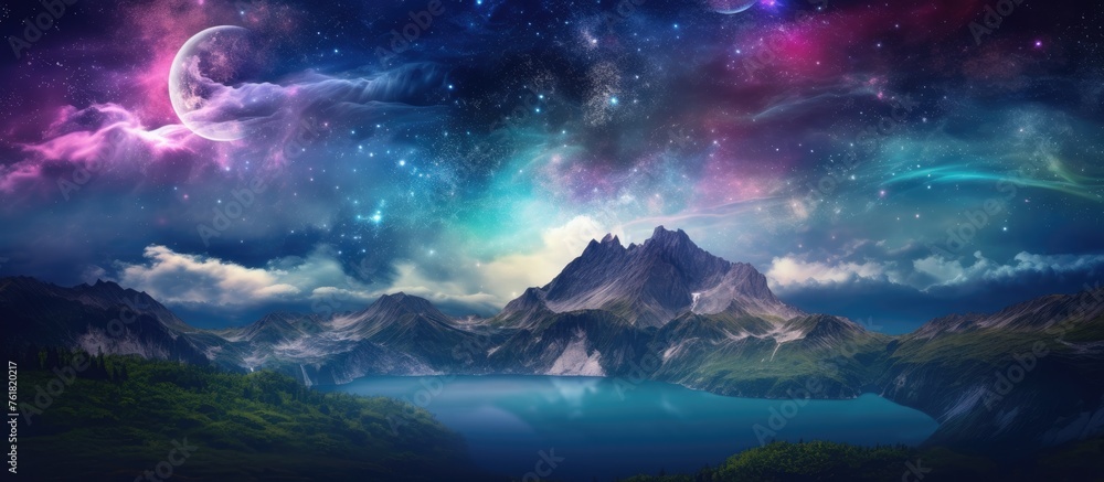 A mesmerizing natural landscape with a mountain reflecting in a serene lake, under a purple sky with a galaxy shining in the background