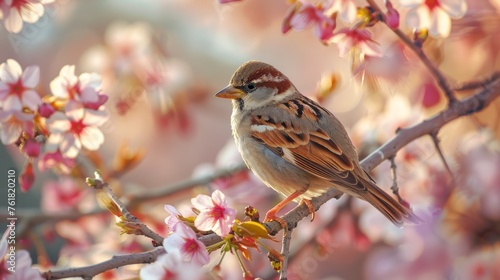 Sparrow sitting on a branch of cherry blossoms in spring. © HA