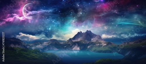 A mesmerizing natural landscape with a mountain reflecting in a serene lake, under a purple sky with a galaxy shining in the background © 2rogan