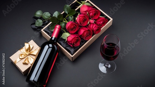 Top view rose and wine in gift box on empty black background, space for text, empty space for advertising © varol