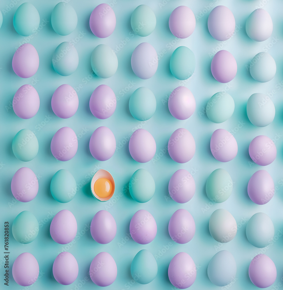 Pastel colorful  template of Easter eggs  with yolk of egg on light background