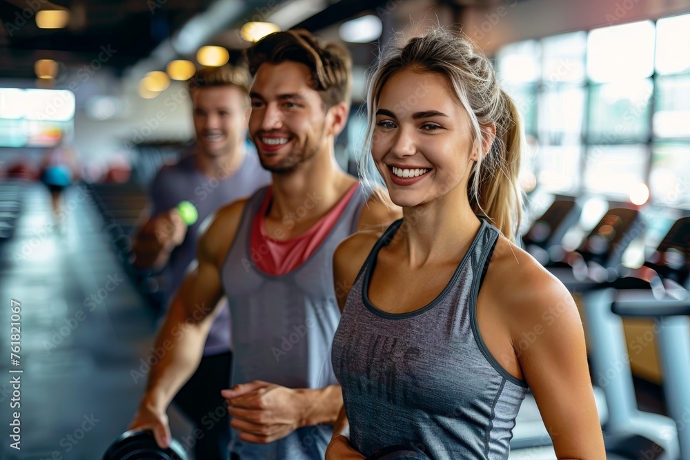 Two workout partners beam with smiles during a gym session, sporting contemporary fitness clothing