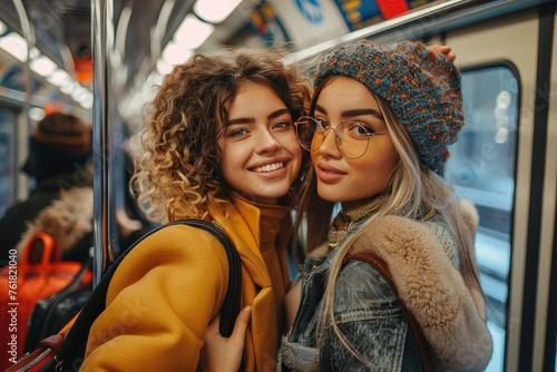 Two fashionable friends pose with ear-to-ear smiles on a bus, giving off an urban vibe