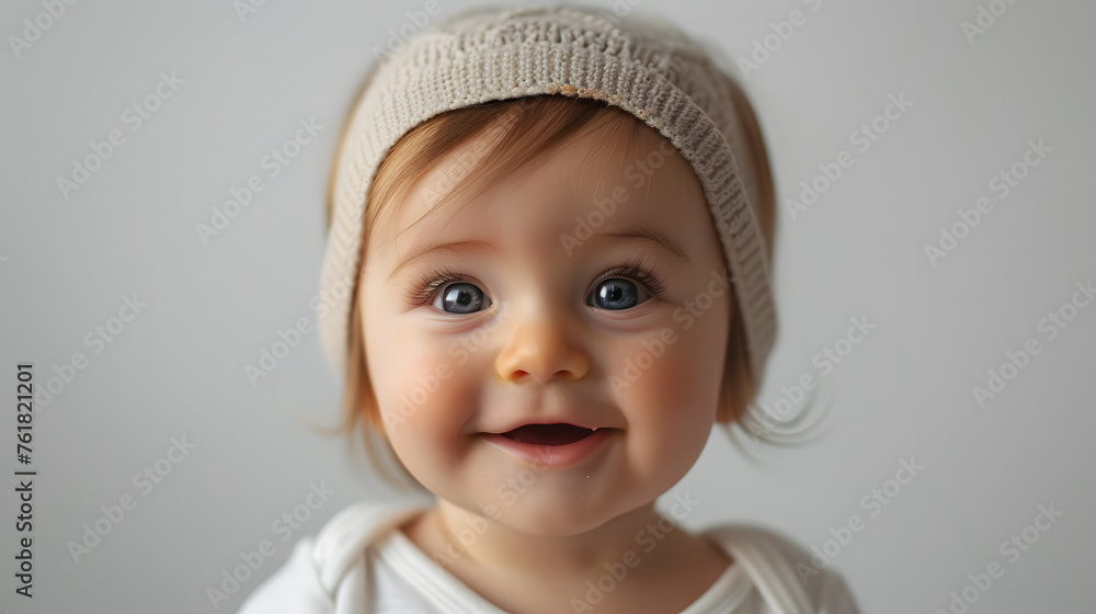 A cute baby's delighted expression against a white backdrop A cute baby's delighted expression against a white backdrop