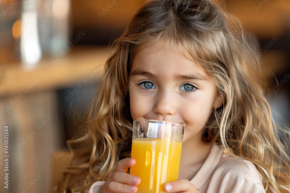 An adorable child holds a glass of juice, her bright eyes conveying happiness and contentment An adorable child holds a glass of juice, her bright eyes conveying happiness and contentment